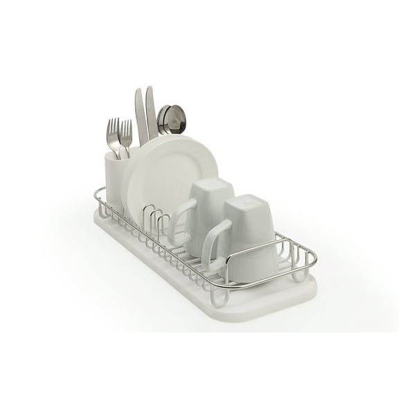 SunnyPoint 304 Stainless Steel Dish Drying Rack with Utensil Holder, Compact Countertop Dish Rack with Removable Drain Tray – White/Silver