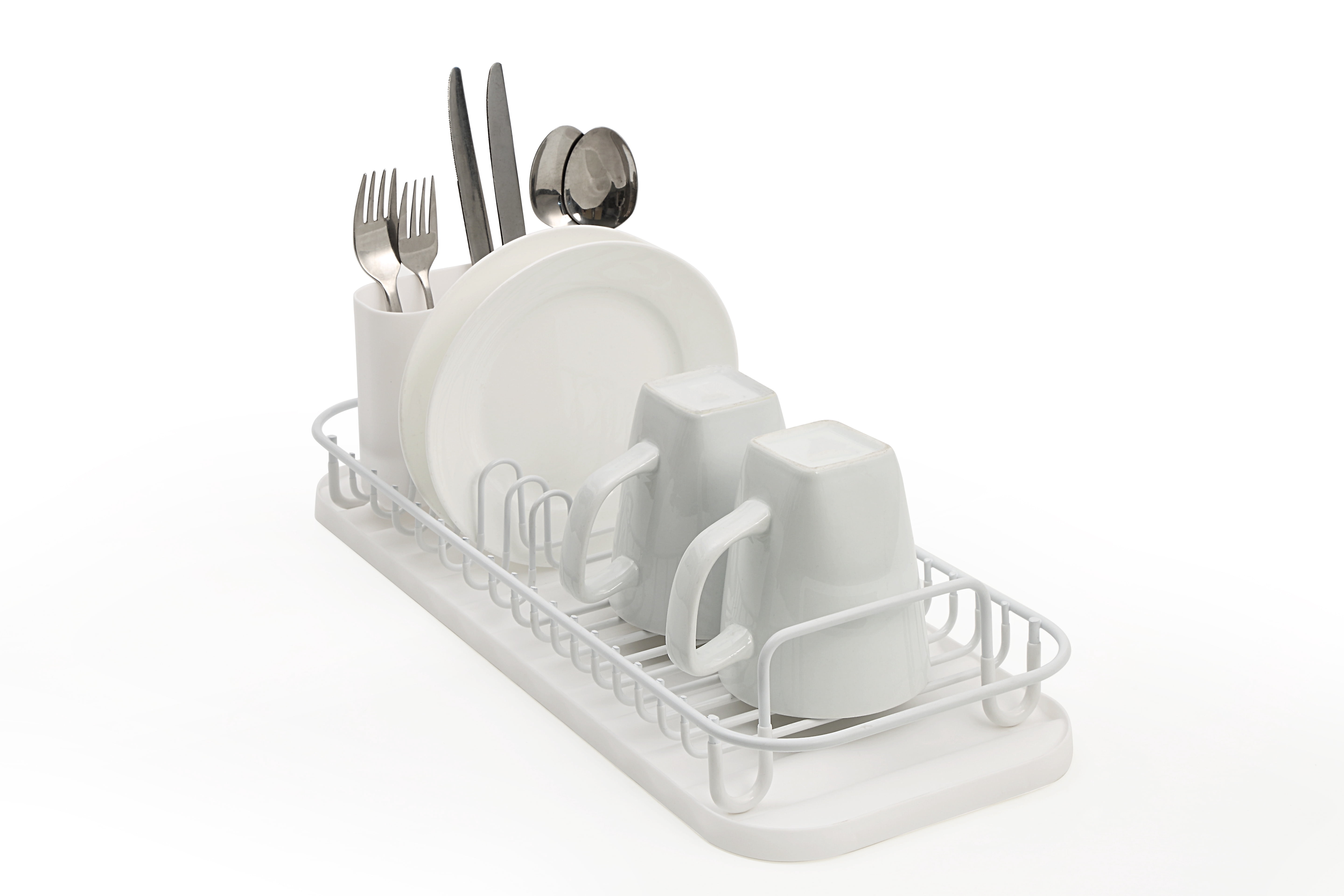 SunnyPoint 304 Stainless Steel Dish Drying Rack with Utensil Holder, Compact Countertop Dish Rack with Removable Drain Tray – White