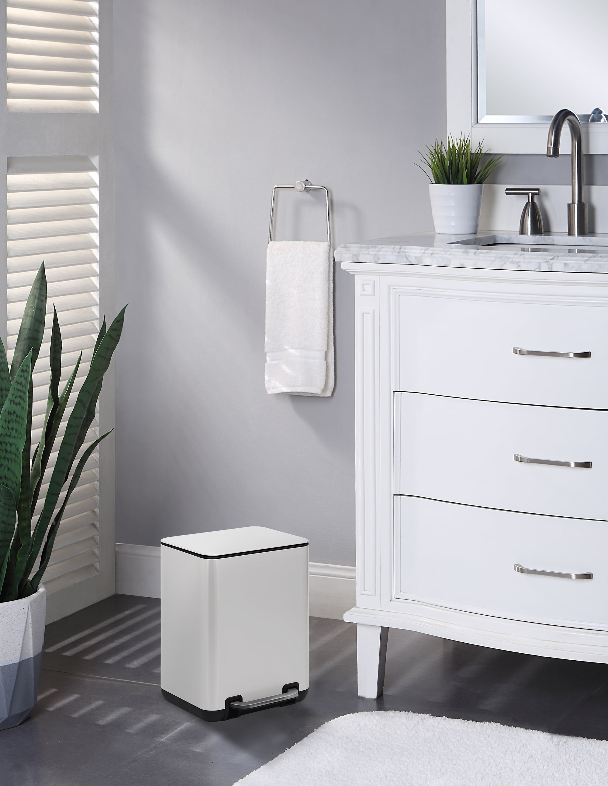 White Rectangular Pedal Trash Can with Plastic Inner Bucket