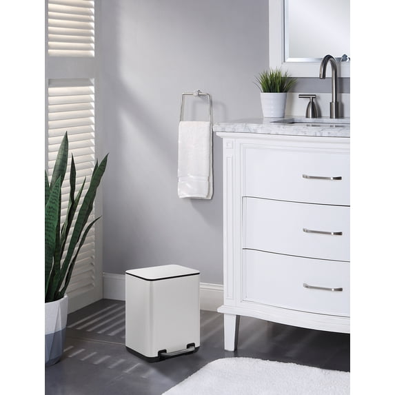 SunnyPoint 6 Liter / 1.58 Gallon Trash Can with Plastic Inner Buckets; Rectangle Bathroom, Office, Kitchen, and Bedroom Step On and Slow Close (WHT)