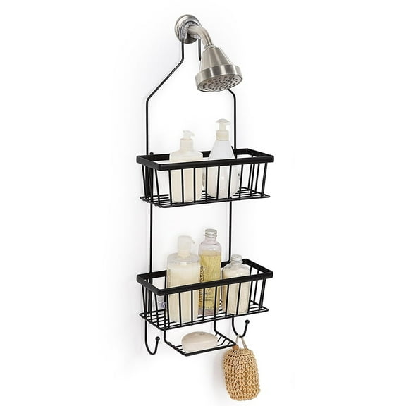 SunnyPoint Classic Over-The-Shower-Head Caddy – Rust-Resistant, 2-Tier Basket with Soap Tray & Hooks (Black)