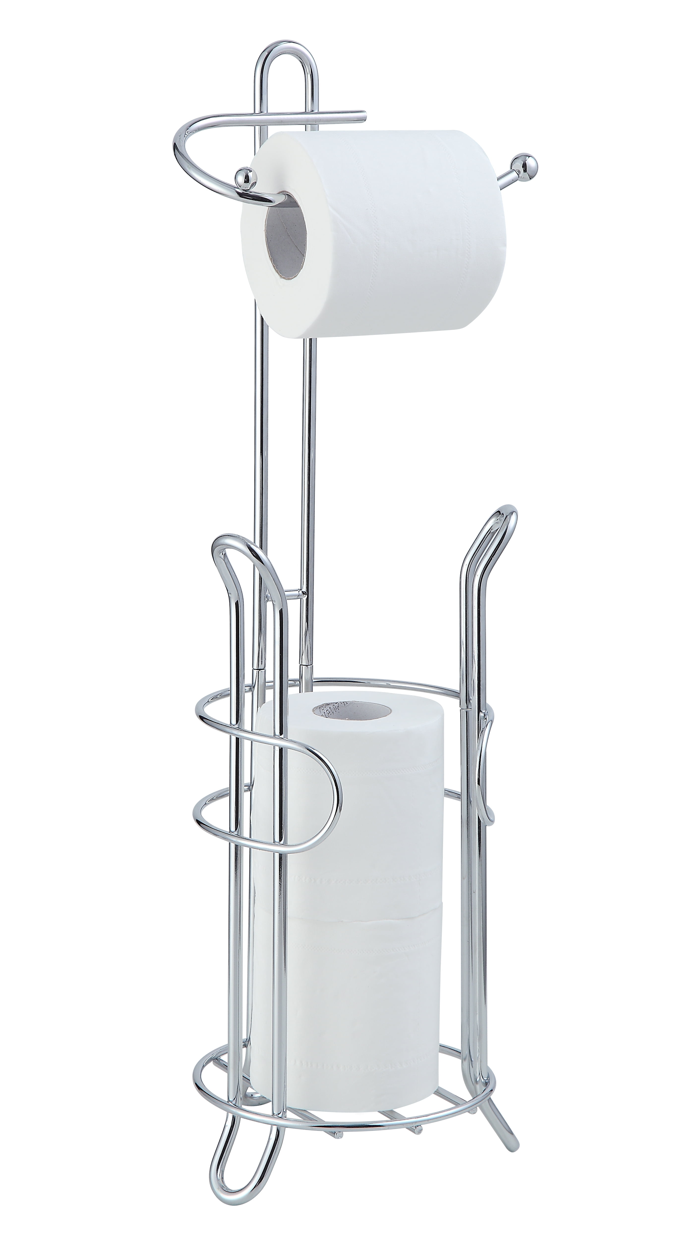 SunnyPoint Freestanding Toilet Paper Holder Stand with Storage – Holds 3 Spare Rolls, Sturdy Steel Construction, Chrome Finish, for Bathroom & Restroom