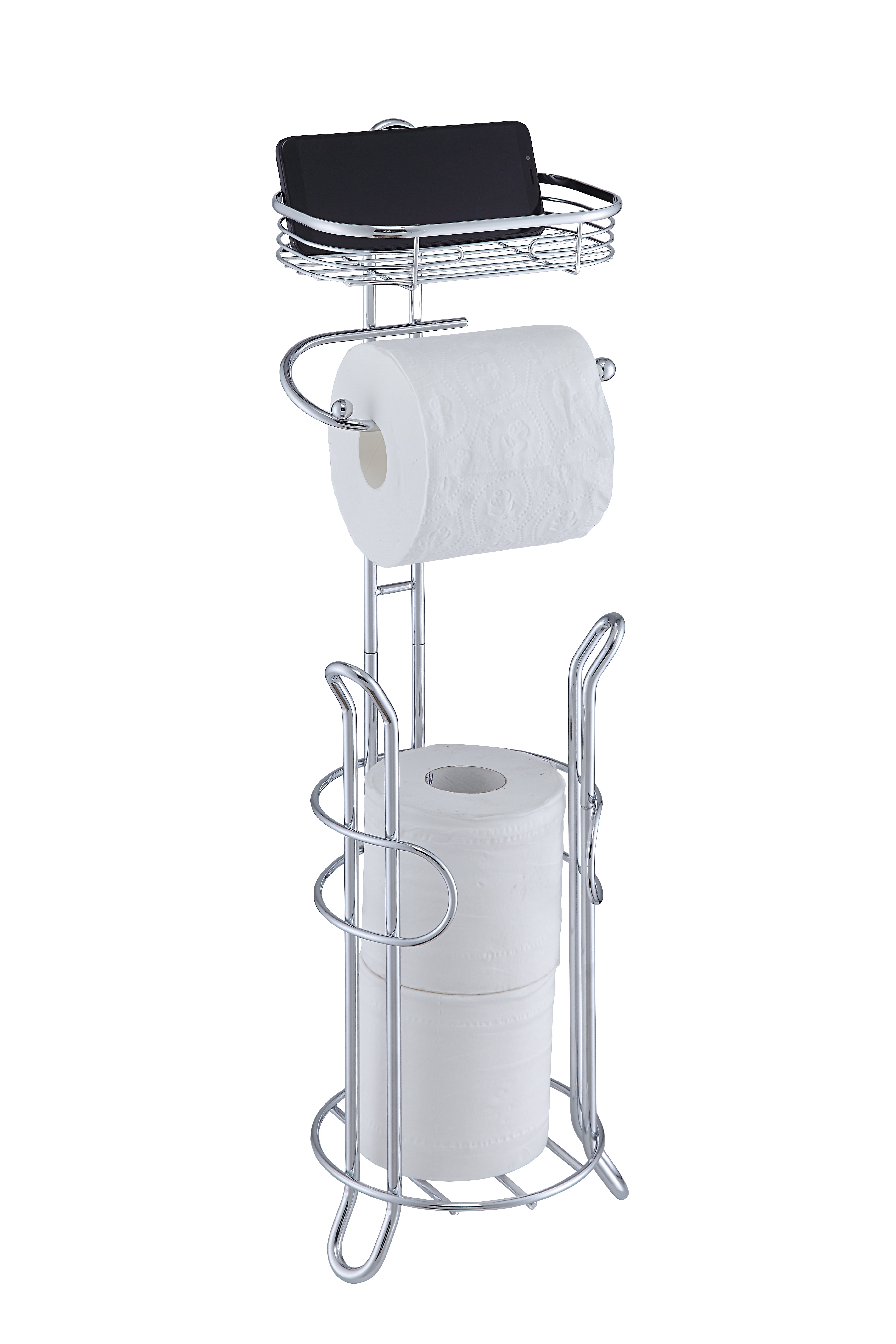TreeLen Toilet Paper Holder Stand Toilet Tissue Roll Holder with Shelf for Bathroom Storage Holds Phone/ Wipe/ Mega Rolls-Shiny