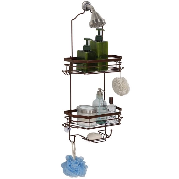 SunnyPoint Classic Over-The-Shower-Head Caddy – Rust-Resistant, 2-Tier Basket with Soap Tray & Hooks (Brown)
