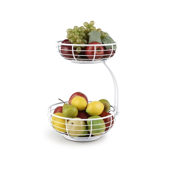 SunnyPoint Classic Tabletop 2-Tier Fruit Wire Basket Bowl Stand With Wooden Base