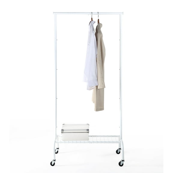 SunnyPoint Compact Rolling Garment Rack with Shelf – Heavy-Duty Metal Clothes Rack with Wheels and Bottom Shelf, 68” Tall, White