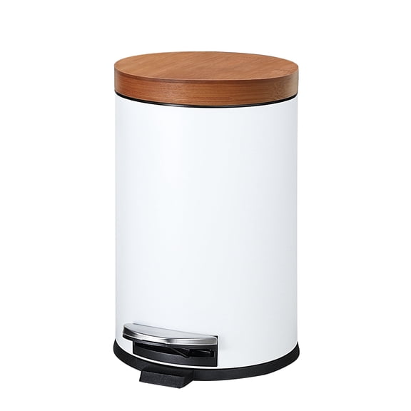 SunnyPoint Elite Bamboo Lid 4.5 Liter / 1.2 Gallon Round Trash Can with Plastic Inner Bucket; Bathroom, Office, Kitchen and Bedroom Step On and Slow Close (White)