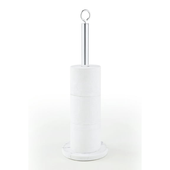 SunnyPoint Elite Heavy Weighted Sturdy Spare Toilet Paper Roll Holder Storage Stand; Faux Marble Base; Satin Nickel