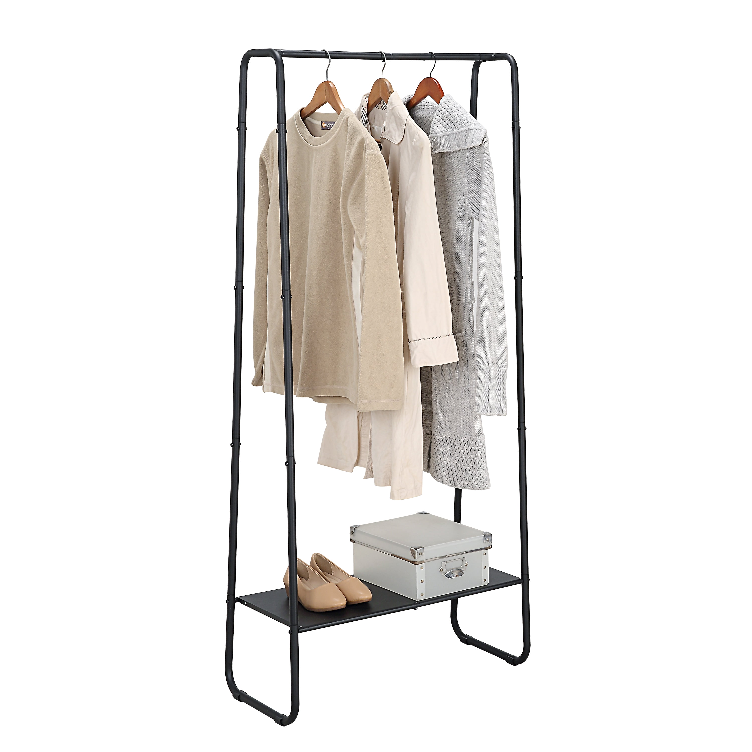 Freestanding Black Metal Garment Rack with Wooden Shelf