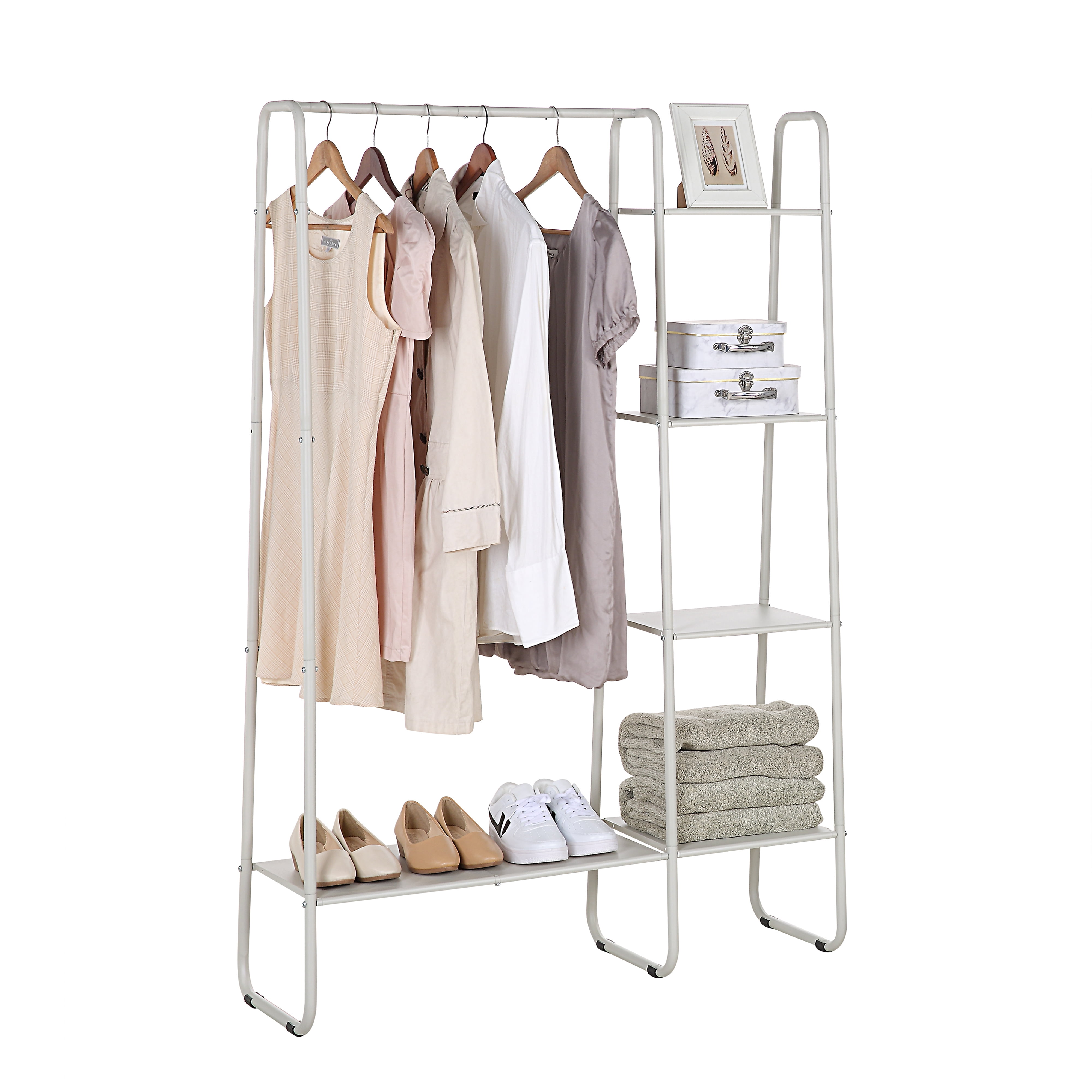 White Metal Freestanding Garment Rack with Shelf