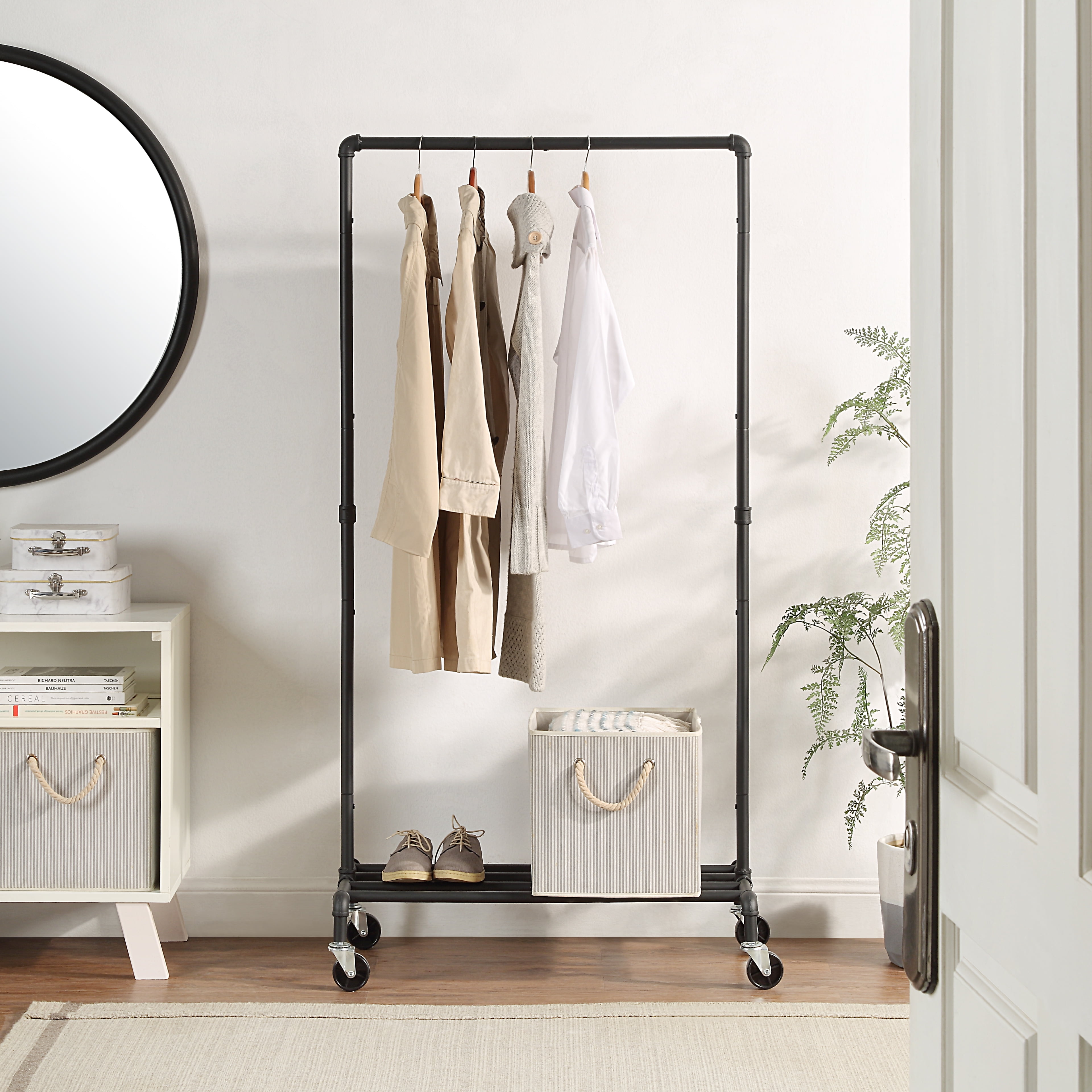 Black Metal Rolling Garment Rack with Wire Shelf