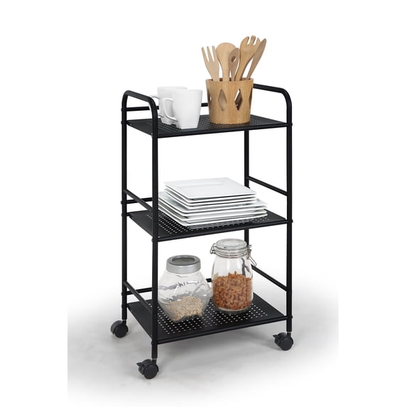 SunnyPoint 3-Tier Rolling Utility Storage Cart – Metal, Minimalist Design, Mobile Organizer for Kitchen, Office & Home – Black