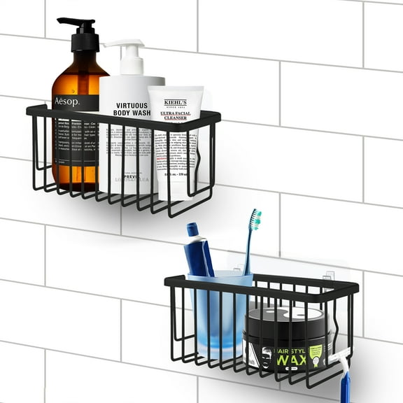 SunnyPoint NeverRust Aluminum Shower Caddy Basket Organizer Storage Rack, Removable Adhesive Pad; No Drilling for Bathroom, Kitchen (Set of 2, Black)