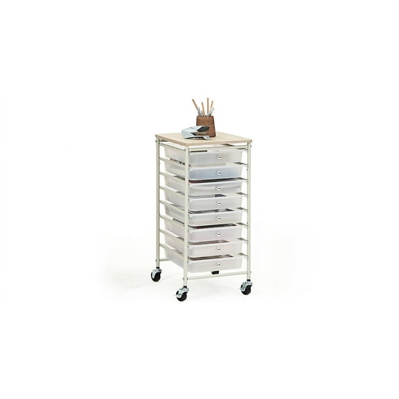 SunnyPoint 8-Drawer Rolling Storage Cart with Wooden Top – Mobile Organizer with Lockable Wheels for Office, Home, and Closet Storage (White)