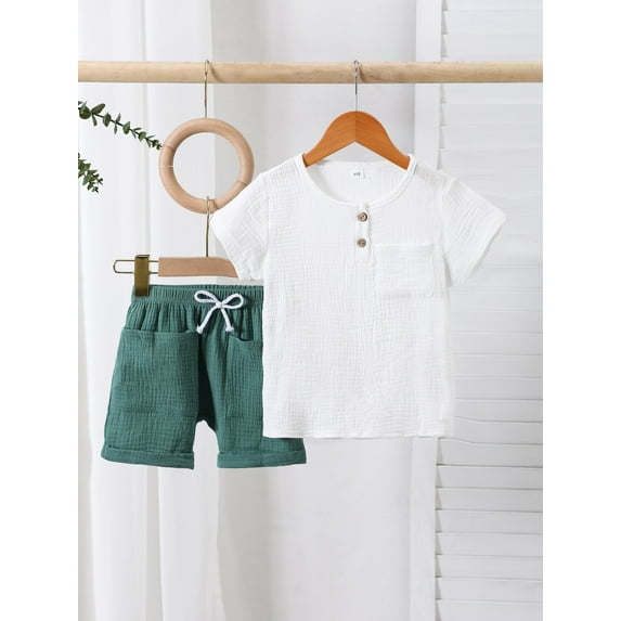 SunnyTots Baby Boy Summer Clothes 6 12 18 24 Months 2T 3T Boys Solid Color Outfits Short Sleeve T shirt and Shorts Set for Daily School Party Wear