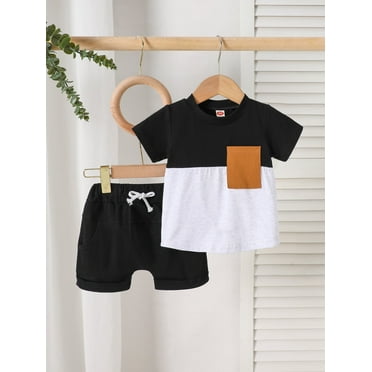 SunnyTots Baby Boys Summer Clothes 6 12 18 24 Months 2T 3T Boy Toddler Outfits Short Sleeve Contrast Color T shirt Tops + Solid Color Drawstring Shorts Set for Streetwear Party Wear