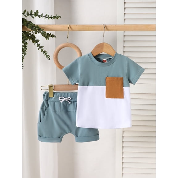 SunnyTots Baby Boys Summer Clothes 6 12 18 24 Months 2T 3T Boy Toddler Outfits Short Sleeve Contrast Color T shirt Tops + Solid Color Drawstring Shorts Set for Streetwear Party Wear