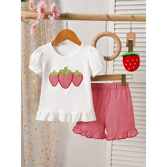 SunnyTots Baby Girls Summer Outfits 6 12 18 24 Months 2T 3T 4T Toddler Girls Clothes Strawberry Embroidered Short Sleeve T-Shirt & Plaid Shorts Set for gifts or everyday outfits