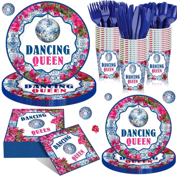 Sunnychicc 168 Pcs Dancing Queen Party Decorations Retro Birthday Party Supplies Queen 17th Paper Plates Napkins 70s Bachelorette Decor Blue Tiles Rose Red Floral Tableware Set Serves 24 Y101