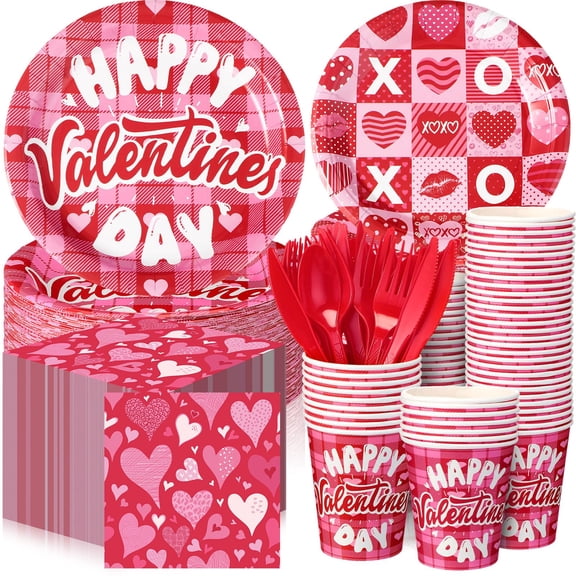 Sunnychicc 240 Pcs Valentine Party Supplies Plates and Napkins Cups Valentines Disposable Dinner Dessert Plates Heart Paper Napkins Beverage Cups Plastic Fork Set(Checked) Y102