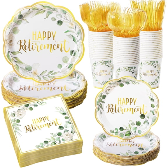 Sunnychicc 400 Pcs Happy Retirement Party Supplies Sage Green Themed Eucalyptus Leaves Retirement Disposable Paper Plates Napkins and Cups for The Aged Men Women Say Goodbye Decorations Y101