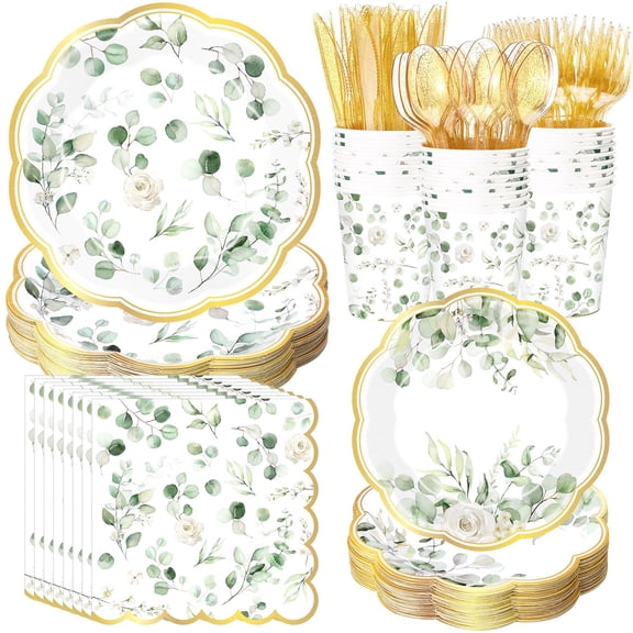 Sunnychicc 400 Pcs Sage Green Color Party Supplies Serve 50 Guests Eucalyptus Flowers Disposable Paper Plates Napkins and Cups for Bridal Baby Shower Birthday Wedding Party Decorations(Vivid) Y201