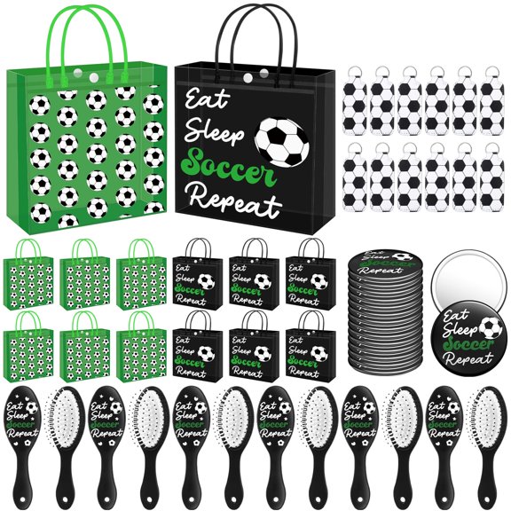 Sunnychicc 48 Pcs Soccer party accessorys Team Gifts with Soccer Goodie Gift Bags Stuffers Keychains Mirrors Hairbrushes for Players Team Sports Accessories Birthday Supplies Y101