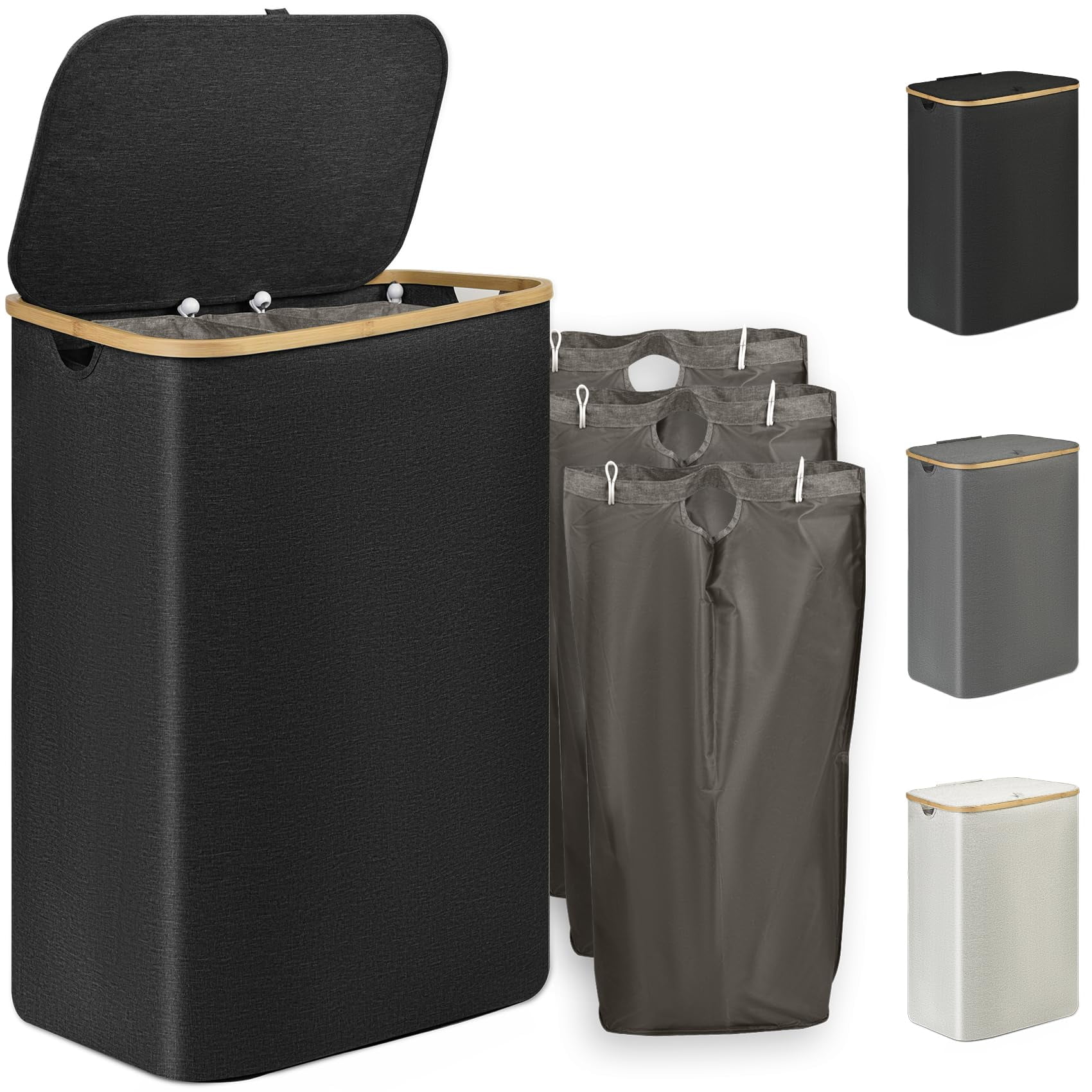 Sunnycome 160L Large Laundry Baskets with Lid & 3 Sortable Bags Collapsible,Laundry Hamper Washing Baskets with Bamboo Handles, Dirty Clothes Basket Bin,Waterproof,Odorproof,Black