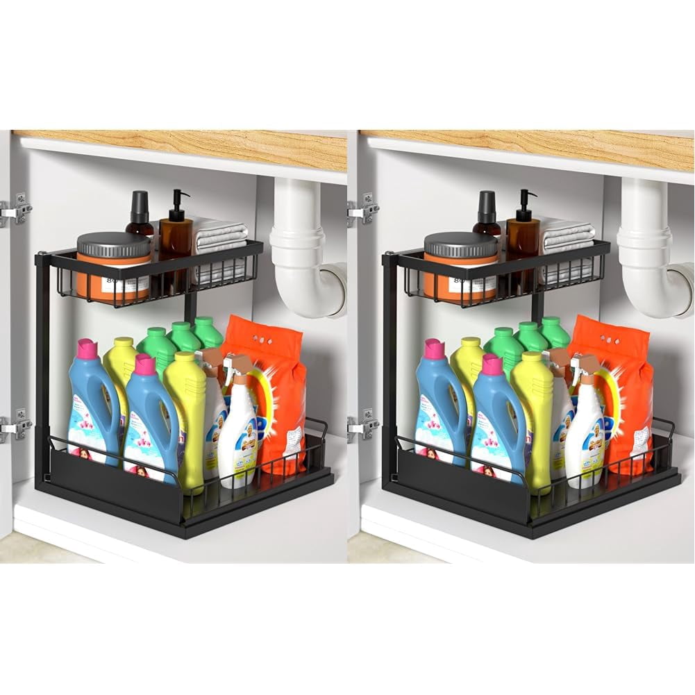 Sunnycome 2 Pack Under Sink Organizer,2 Tier L-shaped Sliding Pull-out ...