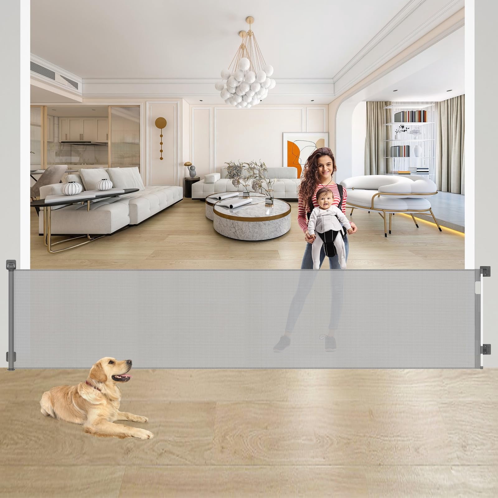 Sunnycome Retractable Baby Gate,Mesh Dog Gate,126" Wide Extends up to 33"Tall,Child Safety Gate for Doorways,Stairs,Hallways,Indoor Outdoor Gray