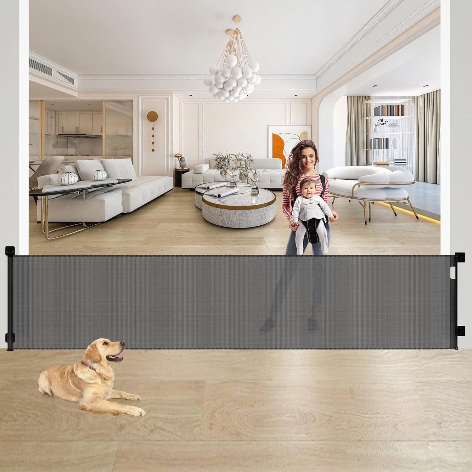 Sunnycome Retractable Baby Gate,Mesh Dog Gate,33"Tall Extends up to 126" Wide,Child Safety Gate for Doorways,Stairs,Hallways,Indoor Outdoor Black