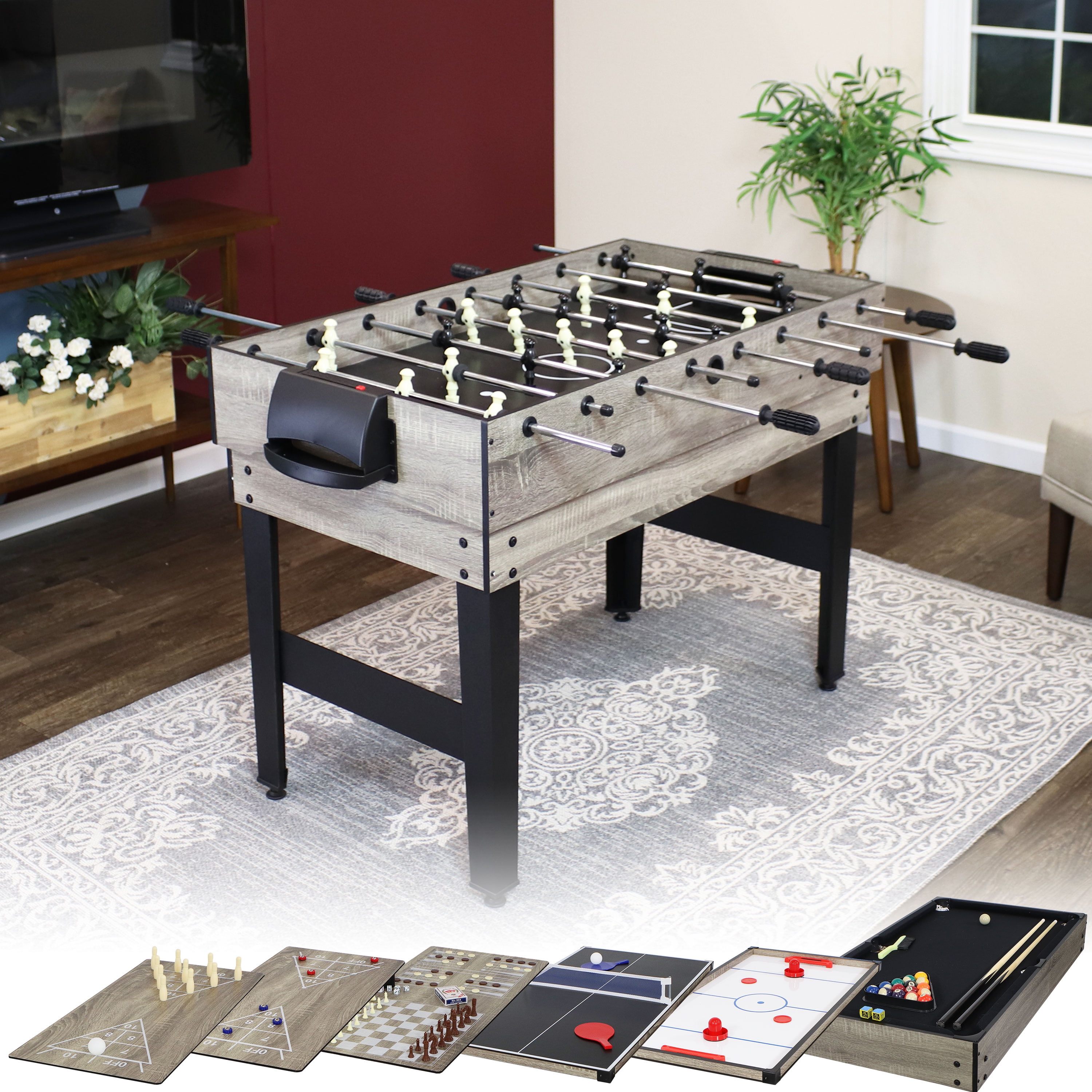 Classic Wood Stain 10-in-1 Multi-Game Table with Foosball and Billiards