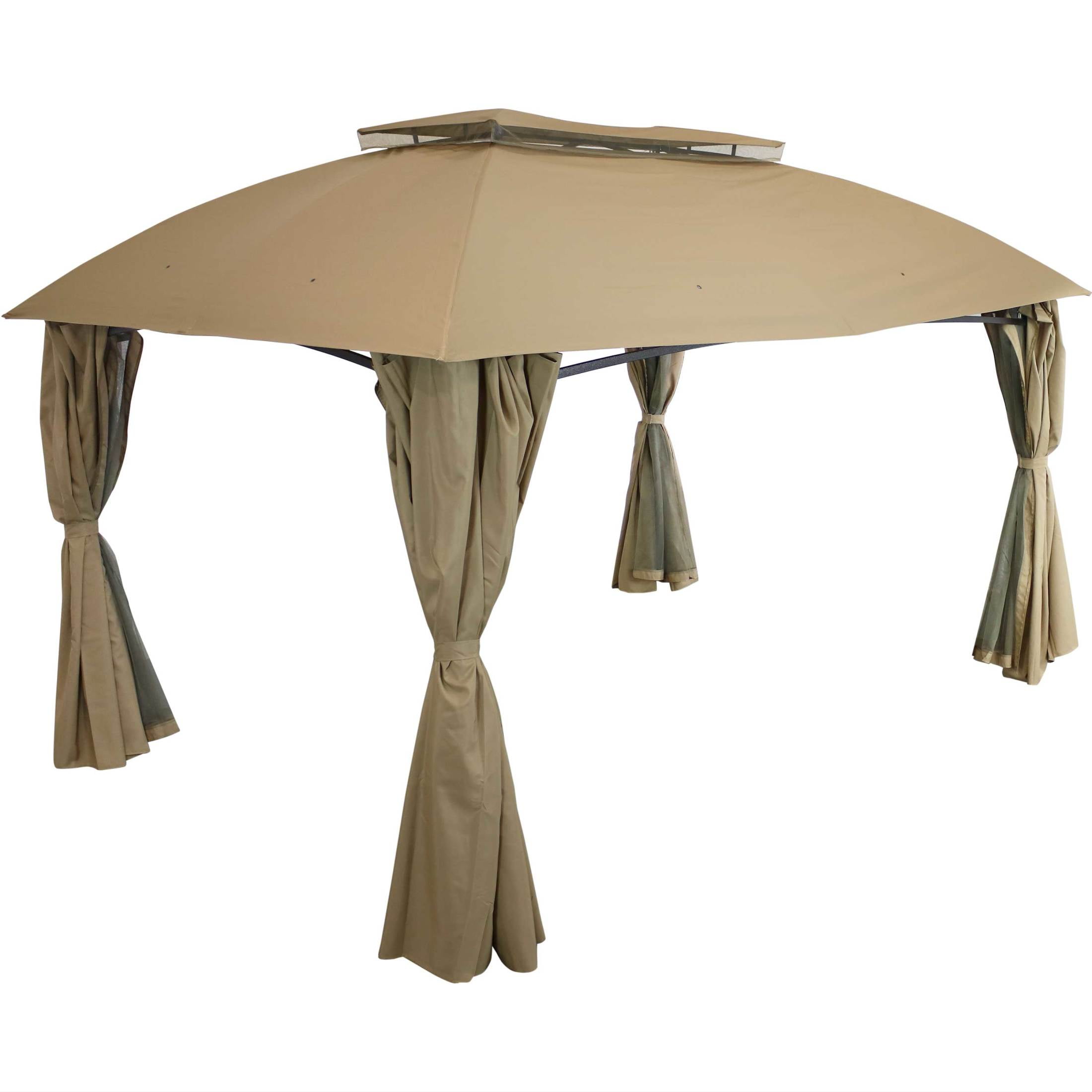 Tan Soft-Top Patio Gazebo with Screens and Privacy Walls