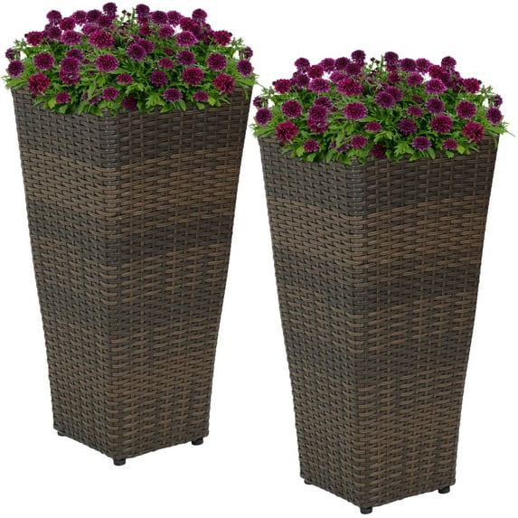 Sunnydaze 11" x 11" x 24" Square Brown Polyrattan Outdoor Planter with Liner 2-Count