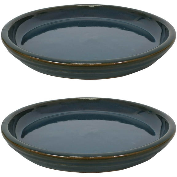 Sunnydaze 14.25" Round Forest Lake Green Ceramic Outdoor Flower Pot Saucer 2-Count