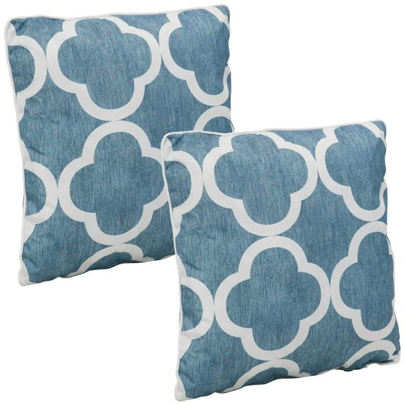 Sunnydaze 16" x 16" Blue and White Quatrefoil Polyester Square Outdoor Throw Pillows, 2 Count