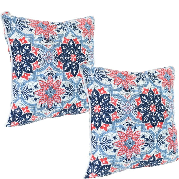 Sunnydaze 16" x 16" Red and Blue Floral Polyester Square Outdoor Throw Pillows, 2 Count