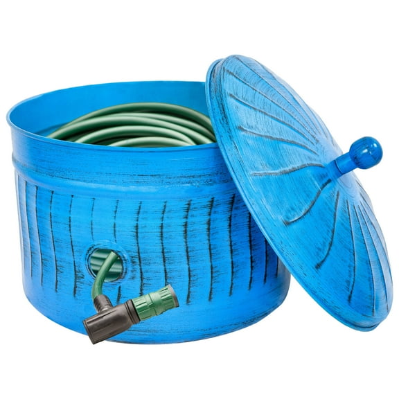 Sunnydaze 17.5" Embossed Metal Garden Hose Holder Pot with Lid, Blue Patina