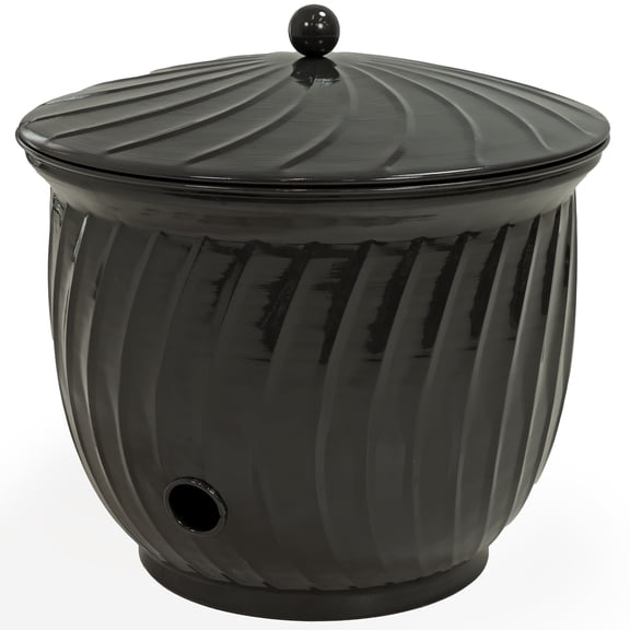 Sunnydaze 19.5" Metal Decorative Garden Hose Holder Pot with Lid, Black Glaze