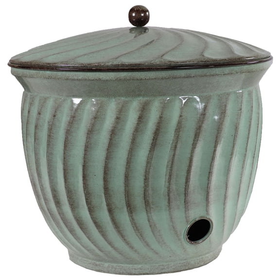 Sunnydaze 19.5" Metal Decorative Garden Hose Holder Pot with Lid, Sage Molten Glaze