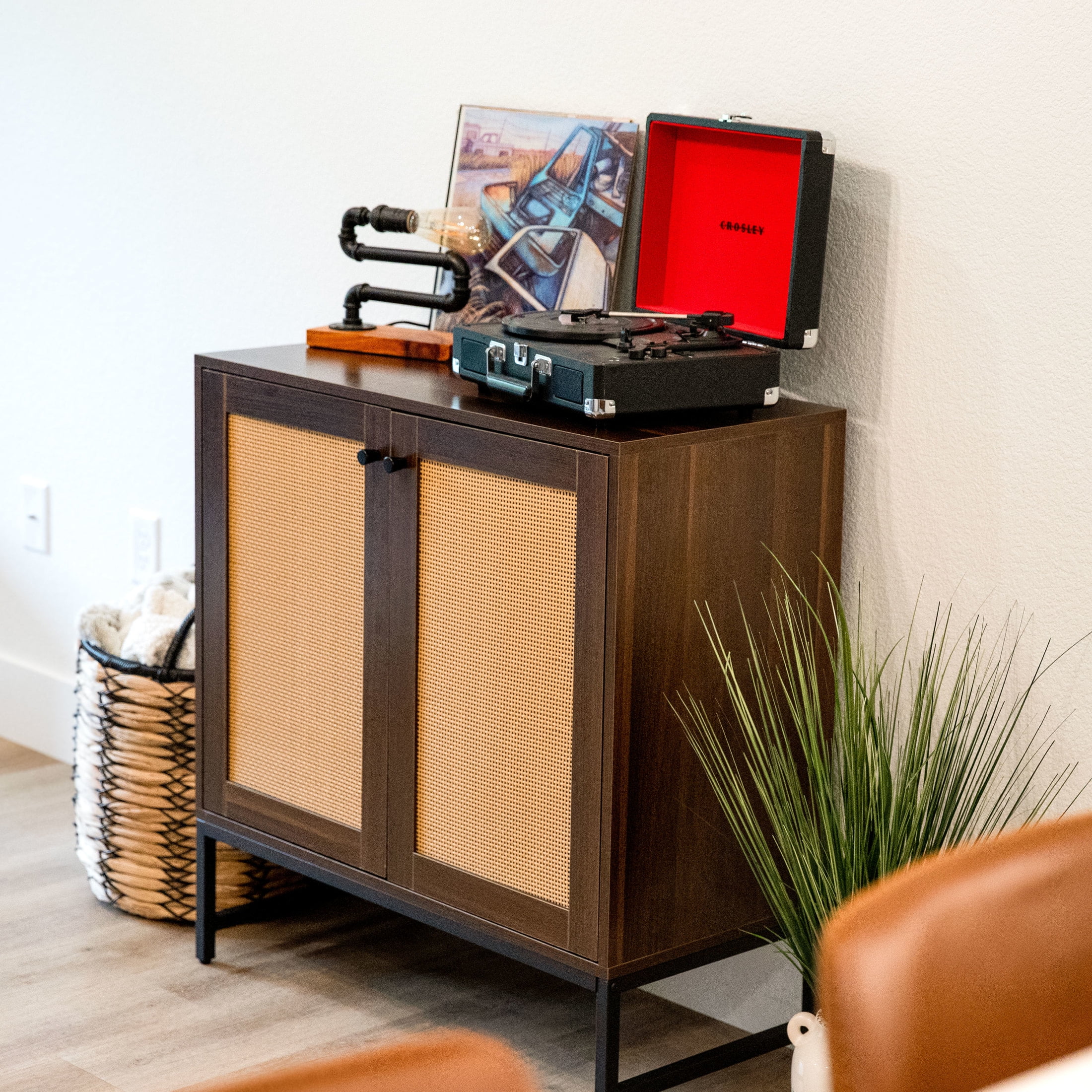 Dark Brown MDF and Rattan 2-Door Office Cabinet with Adjustable Shelving