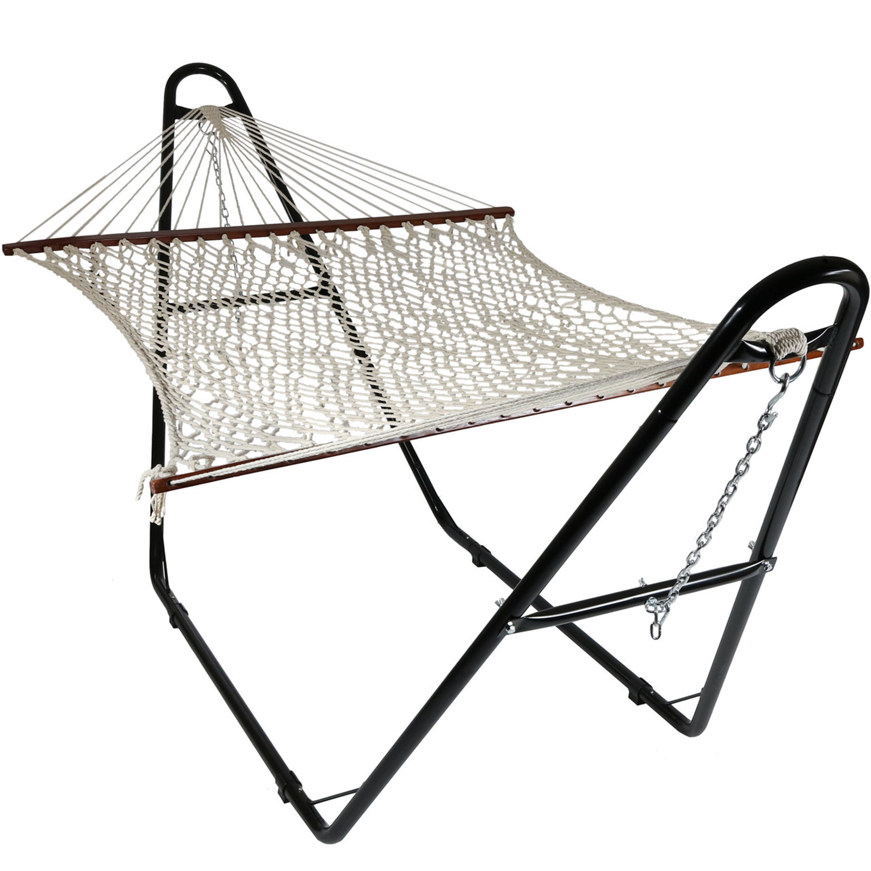 Off-White Cotton Double Wide Rope Hammock with Steel Stand