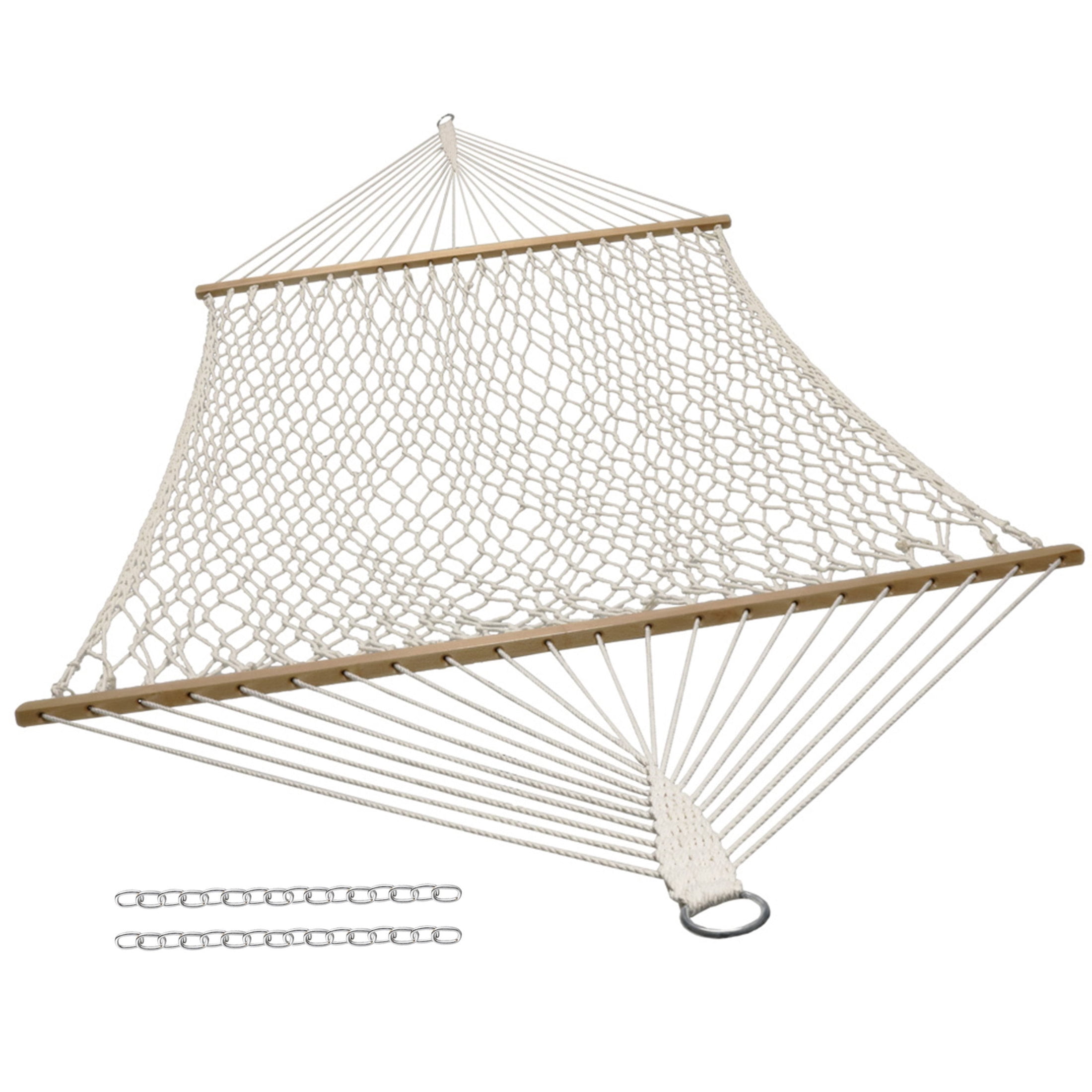 Double Wide Beige Cotton Rope Hammock with Hardwood Spreader Bars