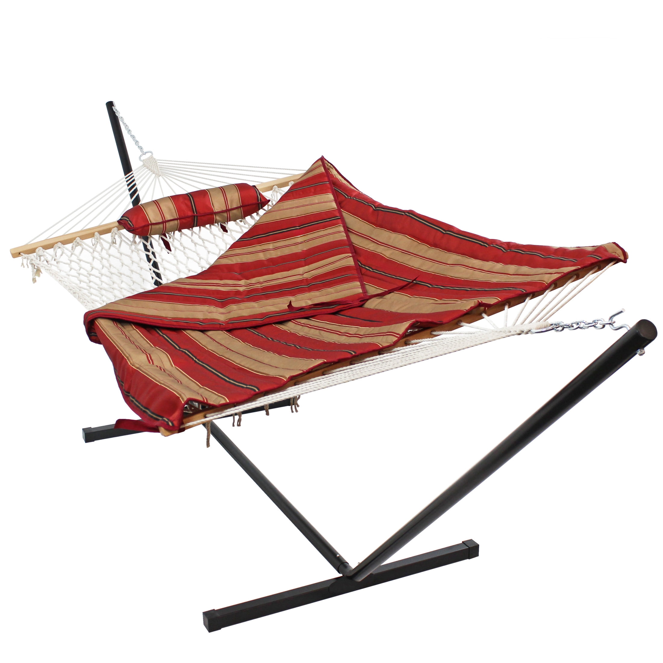 Sunnydaze 2-Person Cotton Rope Spreader Bar Hammock with Stand, 275 lb Capacity - Awning Stripe
