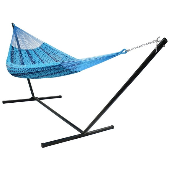 Sunnydaze 2-Person Cotton and Nylon Mayan Family Hammock with Stand, 400 lb Capacity - Blue