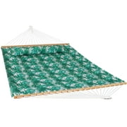 Sunnydaze 2-Person Fabric Spreader Bar Hammock and Pillow - Green Palm Leaves