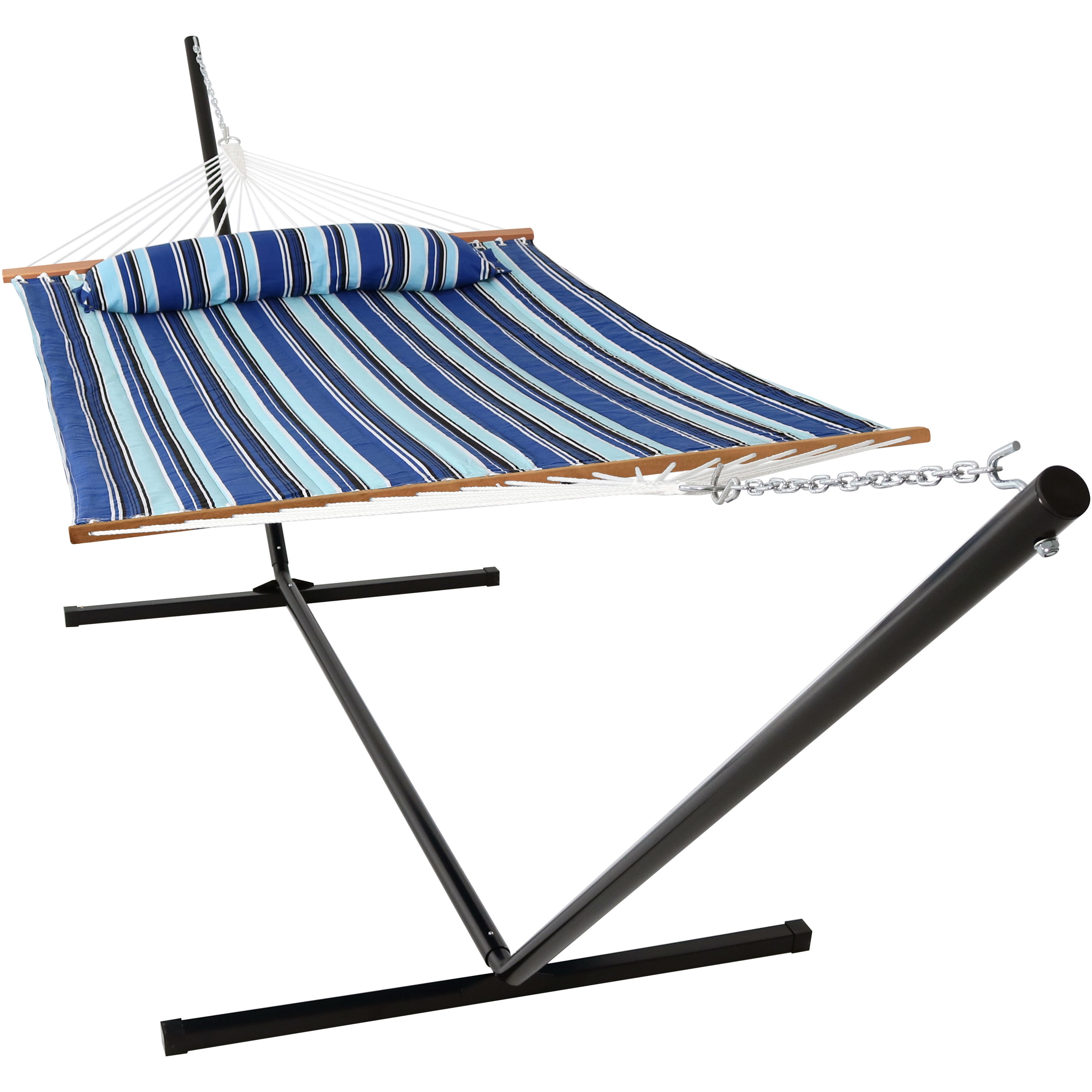 Catalina Beach Blue Quilted Fabric Hammock with Stand and Pillow