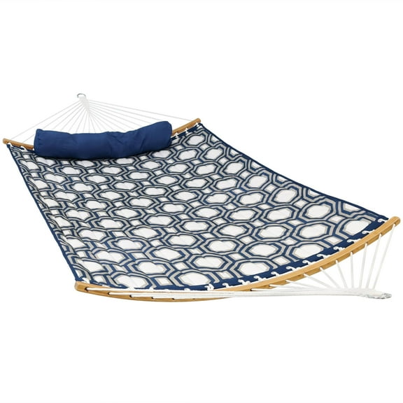 Sunnydaze 2-Person Polyester Curved Spreader Bar Hammock, 450 lb Capacity - Navy/Gray Octagon