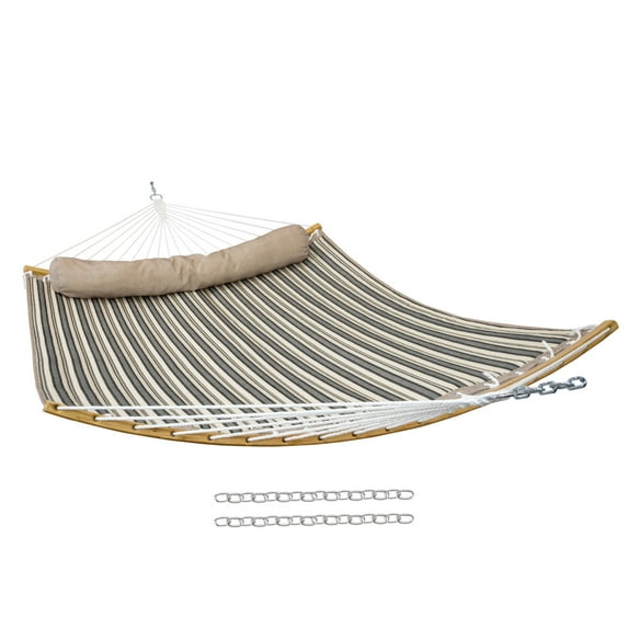 Sunnydaze 2-Person Polyester Curved Spreader Bar Hammock, 450 lb Capacity - Neutral Stripe