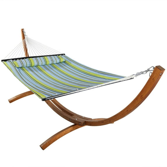 Sunnydaze 2-Person Polyester Quilted Spreader Bar Hammock with Stand, 400 lb Capacity - Blue/Green